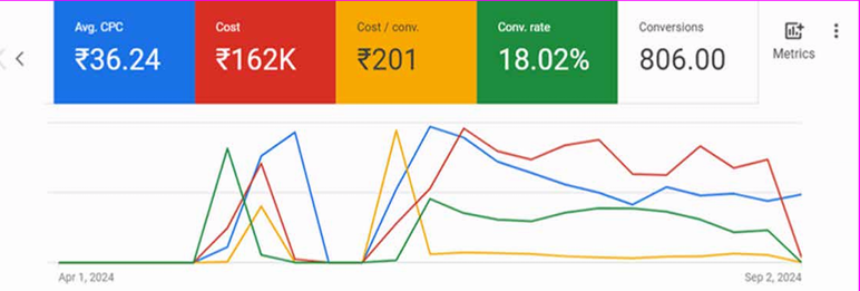 Google Ads result showing 806 conversions and Rs 162K cost